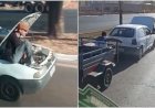 Homens são filmados sentados em motor e carretinha de carro em movimento em avenida de Goiânia; vídeo