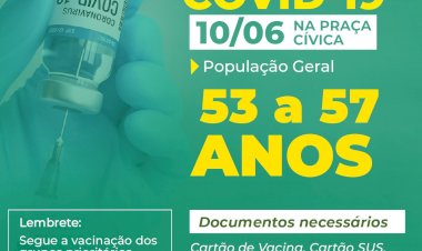 Secretaria Municipal da Saúde convoca pessoas de 53 a 57 anos, para se vacinarem com a primeira dose do imunizante contra a COVID-19