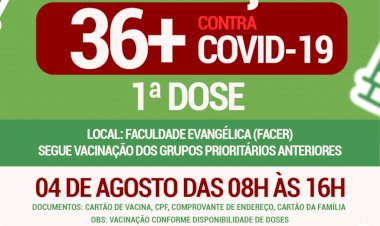 Prefeitura de Ceres comunicação vacinação contra a covid 19 de 36+ dia 04 de agosto das 08 hrs as 16 hrs Local FACERES