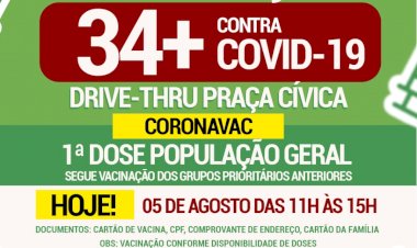 Prefeitura de Ceres comunica vacinação contra a covid 19 34+ dia 05 de agosto