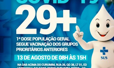 Prefeitura de Ceres comunica vacinação contra a covid 19 29+ dia 13 de agosto de 08 hrs às 15 hrs