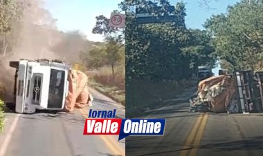 Caminhão tomba na GO-230 e deixa trânsito parcialmente interditado na ''Serra do Brás'', em Uruana - Goiás