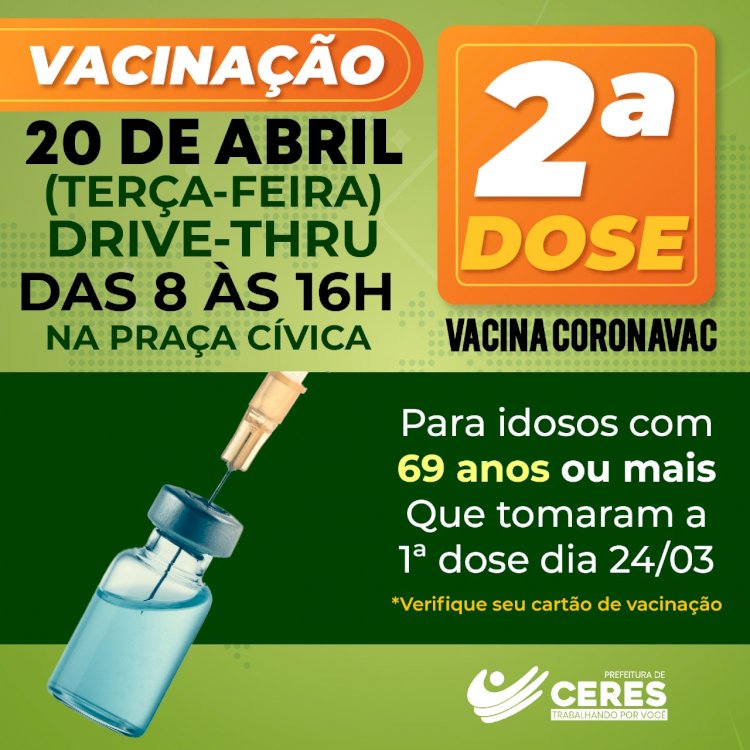 A Secretaria Municipal da Saúde convoca os idosos com 69 anos ou mais que se vacinaram com a 1º DOSE da vacina CORONAVAC