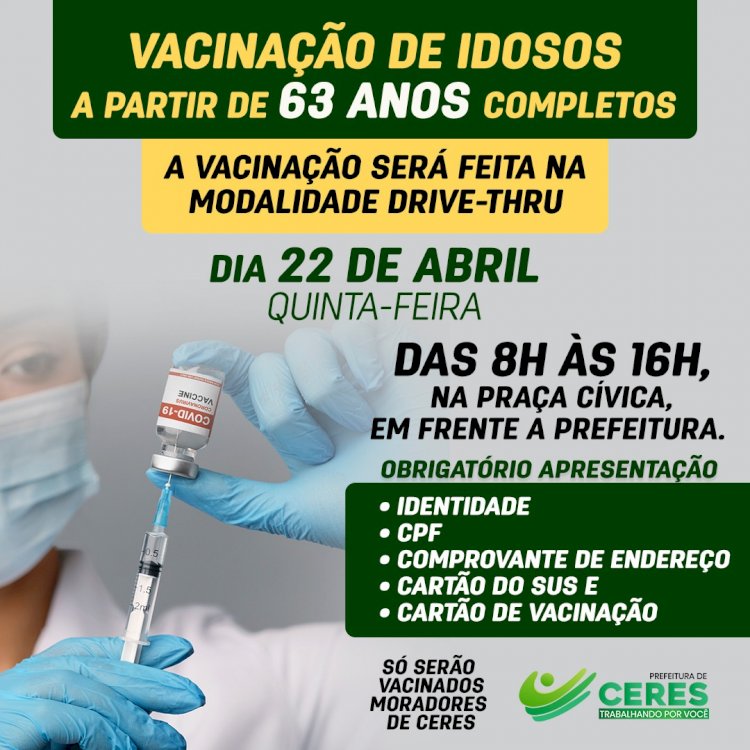 A Secretaria Municipal da Saúde informa que está iniciando a vacinação contra a Covid-19 dos idosos a partir de 63 anos