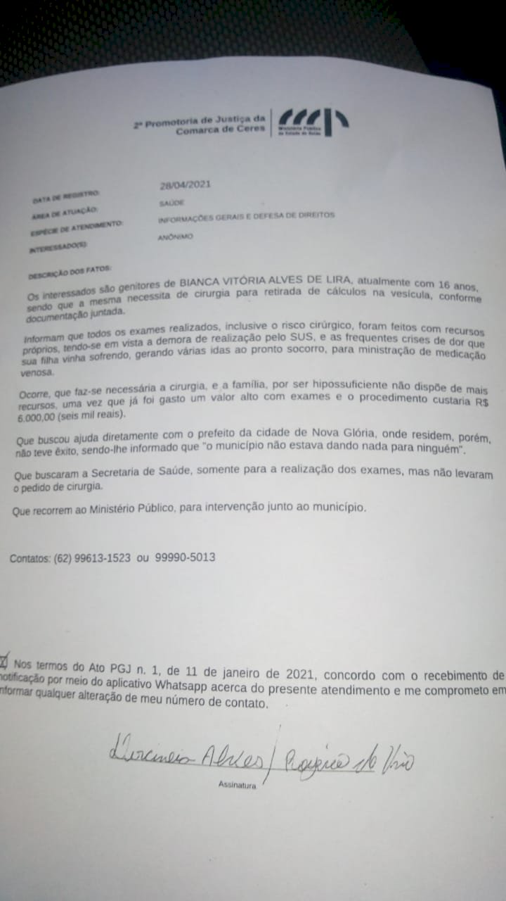 Família recorre ao Ministério Público após prefeito de Nova Glória negar auxilio em cirurgia de urgência de uma jovem de 16 anos