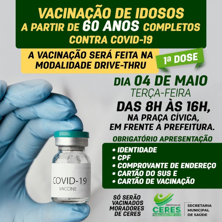 A Secretaria Municipal da Saúde informa que está iniciando a vacinação contra a Covid-19 dos idosos a partir de 60 anos