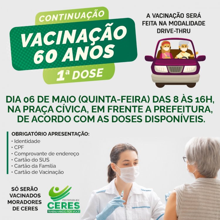 A Secretaria Municipal da Saúde informa que estará retornando a vacinação contra a Covid-19 dos idosos a partir de 60 anos