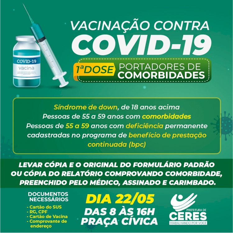 A Prefeitura de Ceres, por meio da Secretaria Municipal de Saúde, informa que será iniciada a vacinação de pessoas com comorbidades