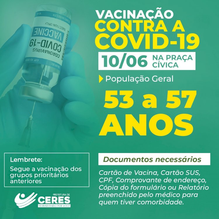 Secretaria Municipal da Saúde convoca pessoas de 53 a 57 anos, para se vacinarem com a primeira dose do imunizante contra a COVID-19