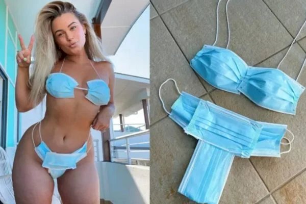 Influencer causa polêmica ao usar biquíni feito de máscaras; foto