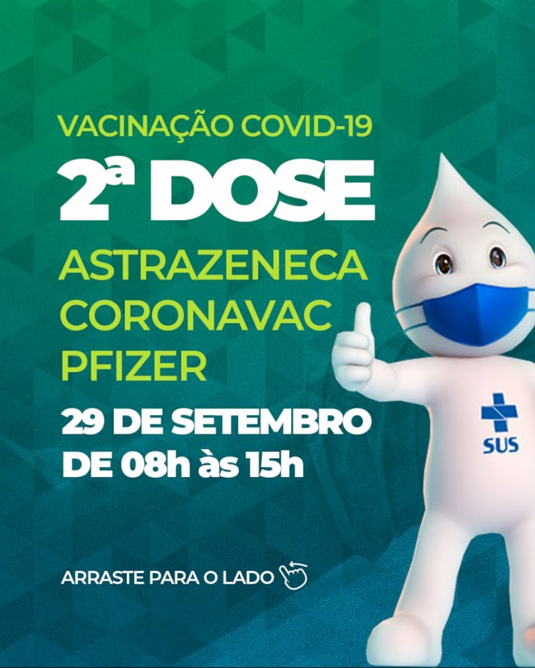 Prefeitura de Ceres comunica 2ª dose PFIZER vacinação contra a covid dia 29 de setembro das 8 hrs as 15 hrs