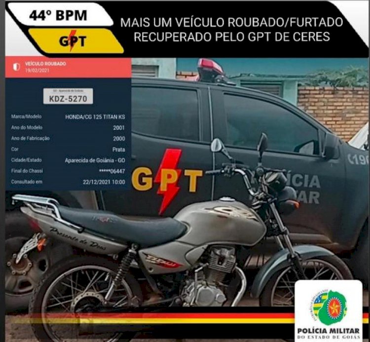 GPT- Ceres no combate ao crime de Furto/Roubo: GPT de Ceres faz apreensão de motocicleta roubada em Goiânia