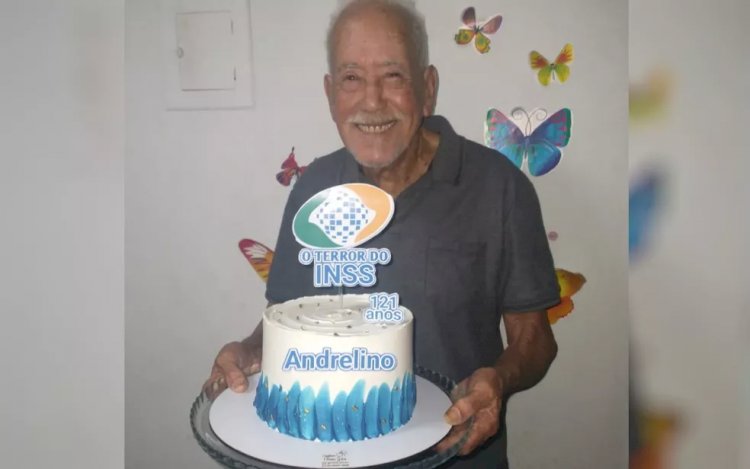 Idoso comemora 121 anos com bolo temático em Aparecida de Goiânia: 'O terror do INSS'