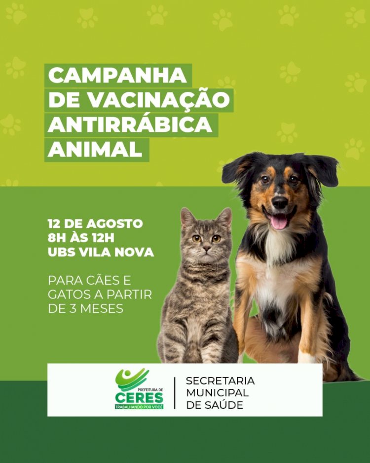 Vacinação de animais contra raiva ocorrerá nesta sexta-feira, 12 de agosto, em Ceres