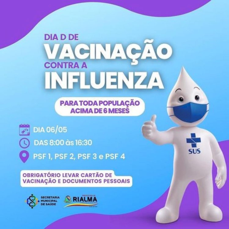 Sábado, dia 06 de maio é dia D de vacinação contra a Influenza, em Rialma