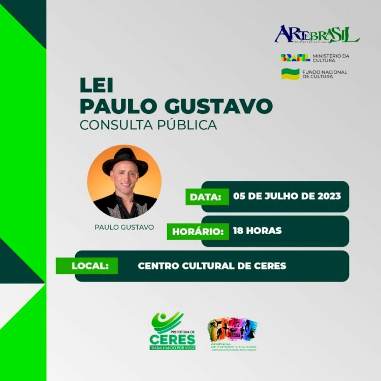 A Consulta Pública, Lei Paulo Gustavo, acontecerá na próxima quarta-feira, dia 05 de julho, as 18 h no auditório do Centro Cultural de Ceres