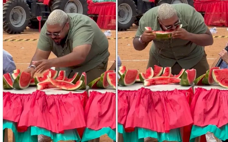 Após trocar convite da ONU por participação em Festa da Melancia, Paulo Vieira vence competição de quem come mais a fruta, e vídeo viraliza