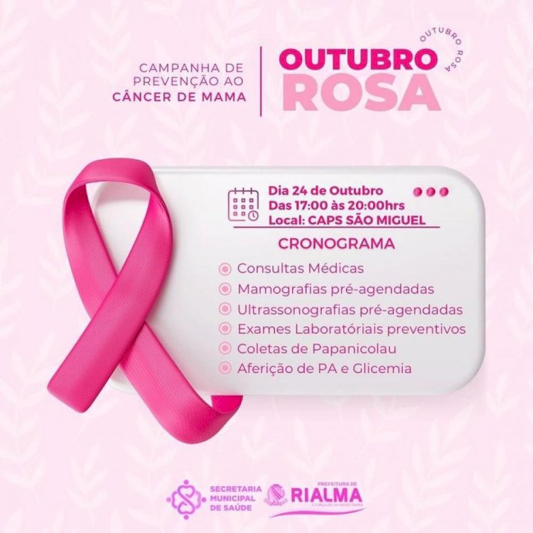 Prefeitura de Rialma realiza ações da campanha Outubro Rosa no dia 24 de outubro, das 17h às 20h