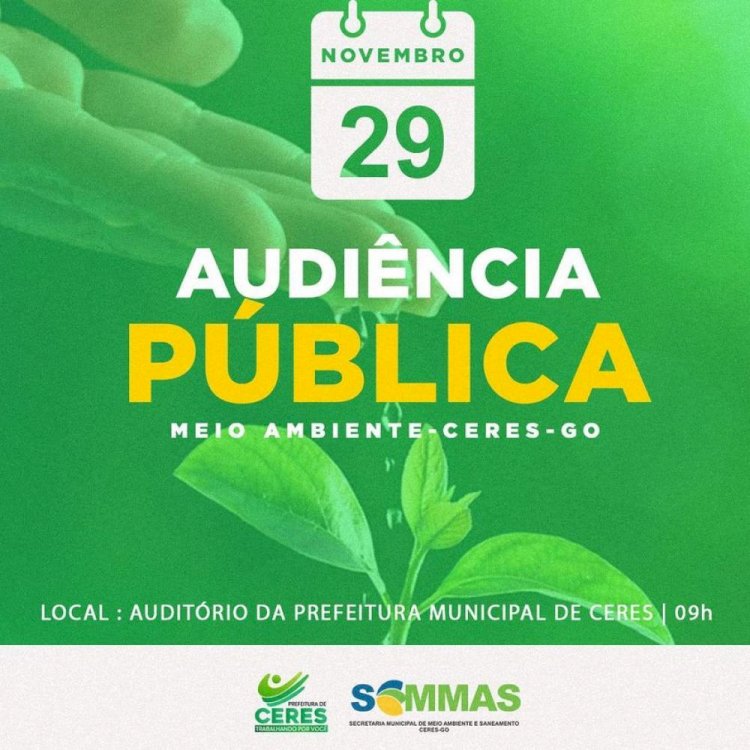 Prefeitura de Ceres convida população para participar de audiência pública sobre meio ambiente