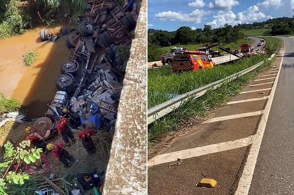 Em Goiás: Ocupantes de caminhão ficam presos às ferragens após veículo cair de ponte na GO-080